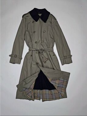 Vintage Burberry’s Olive Trench Coat  W/Removable Navy Wool Collar & Lining, 42L